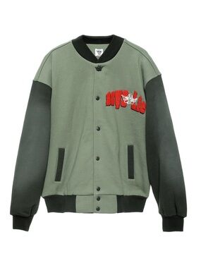 Boys Lie Olive Green and Dark Green Varsity Jacket with Red Embroidered Logo